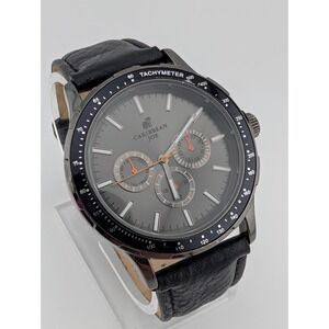 Caribbean Joe Watch Men 42mm Case Black Faux‎ Leather Band- New Battery